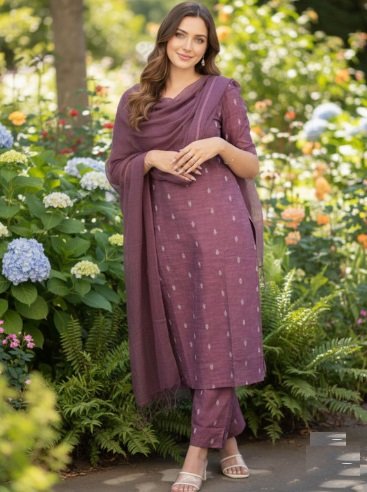 ₹1,609 | Elegant V-Neck Kurta Set with Trousers & Dupatta – Stylish Everyday Wear