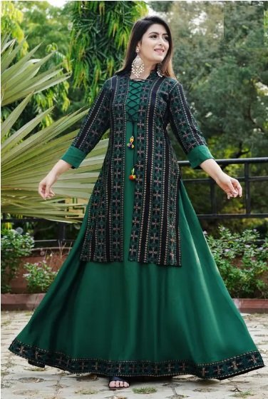 ₹646 | Green & Black Printed Anarkali Kurta for Women – Stylish Everyday & Festive Deal