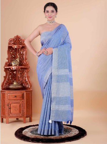 Pure Linen Saree With Zari Border  look like Girija Oak Blue Saree