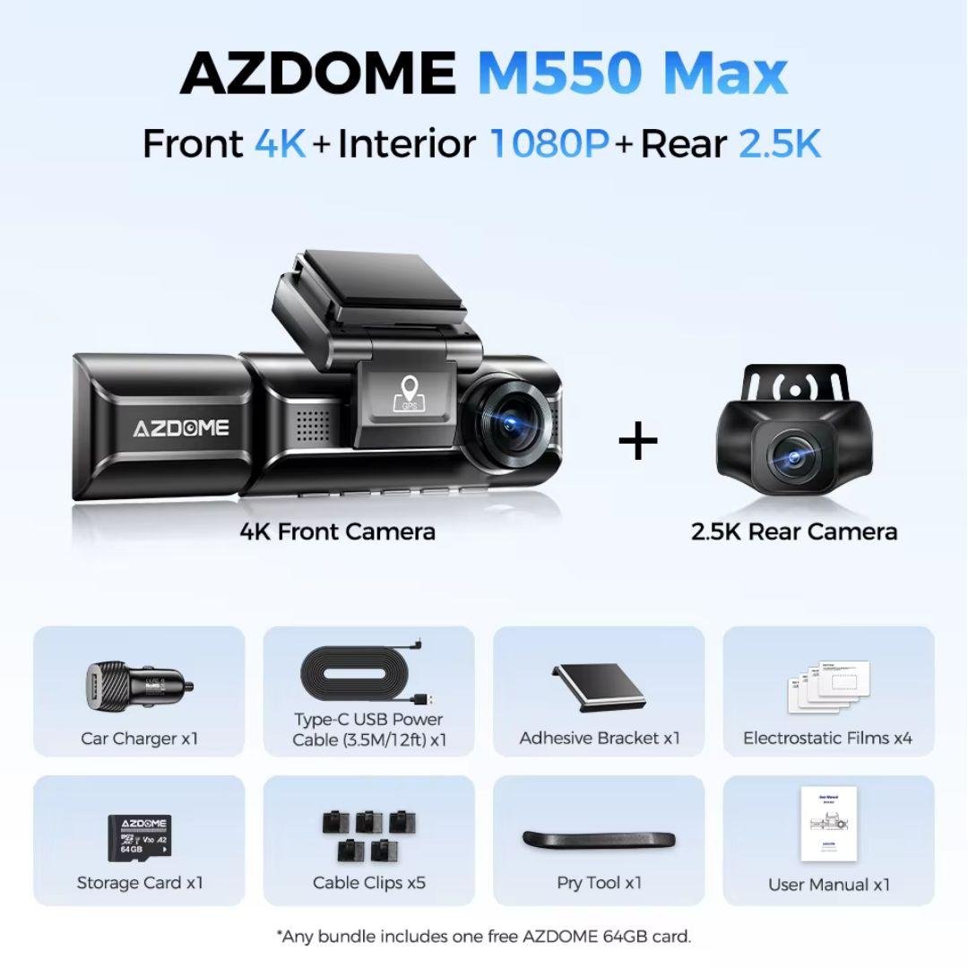 419 ريال داش كام AZDOME M550 Max 4K مع GPS ورؤية ليلية للسيارة