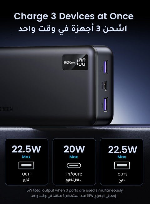 81 ريال سعودي باور بنك يو جرين 20000mAh بشحن سريع 22.5 واط وشاشة رقمية
