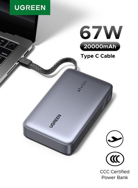 179 ريال سعودي باور بنك يو جرين 20000mAh بقوة 67 واط مع كابل مدمج وشحن فائق السرعة